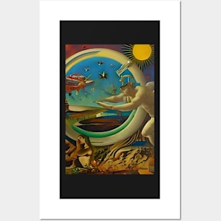 Surrealist painting like digital art of a futuristic scene, angel, sun, stars, and planes Posters and Art